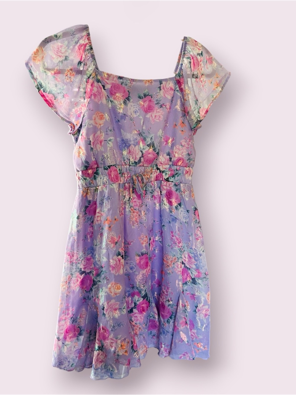 Three Pink Hearts Lavender Floral Flutter-Sleeve Dress